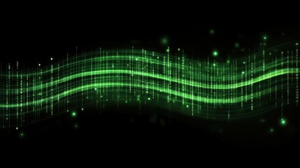 A vibrant green digital wave flows across a black background, composed of binary code, This abstract design is ideal for technology, computing, or futurism themes in graphics, presentations