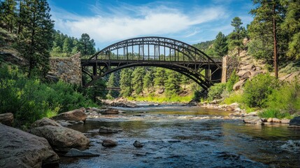 Historic Iron Bridge over Scenic River in Mountain Landscape