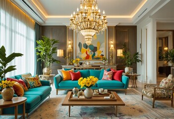 A modern living room with teal couches and chandelier.