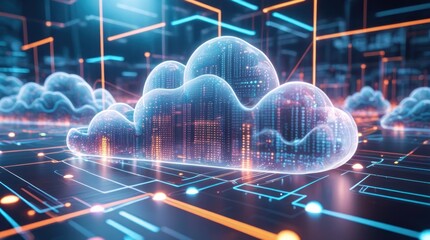 Futuristic Cloud Computing Concept with Digital Data Streams and Neon Lights