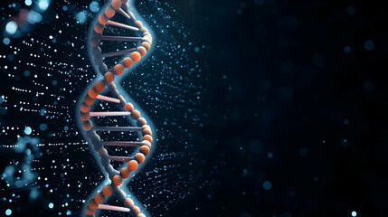 Obraz premium Glowing Orange DNA Double Helix On Dark Blue Particle Background