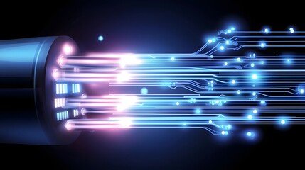 Futuristic fiber optic communication network with vibrant neon light trails representing the speed and connectivity of modern high speed internet and digital technology