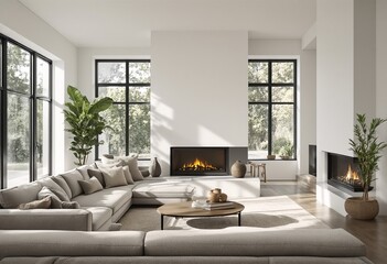 A modern living room with white walls and a large sectional sofa in front of two fireplaces.