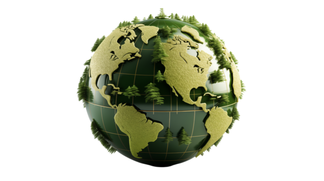 Green Earth Globe 3D Model, Sustainable Ecology for Climate Change Awareness, isolated on transparent background.