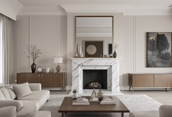 A modern living room with a white marble fireplace and neutral color scheme.