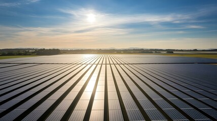 Solar panel background. A sweeping aerial shot begins high above a vast solar farm, solar panel view. Significantly, a concept of safe green energy and solar energy