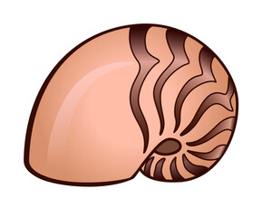Shell. A swirling beige shell with brown stripes - vector full color picture. Sea life is a clam in a shell. Ocean and river inhabitants. Mollusk nautilus	