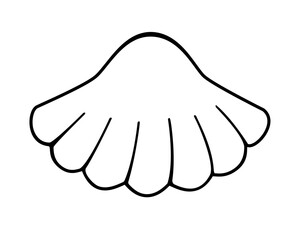 Scallop shell - linear vector illustration for coloring. Flat with wavy edges. Mollusk shell - underwater world. Outline. Hand drawing