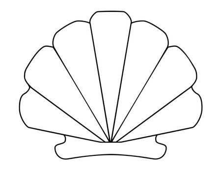 Scallop shell - vector linear picture for coloring. Outline. Hand drawing. Scallop shell - ocean clam. Coloring book on the marine theme.	