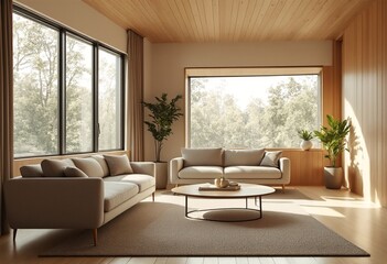 A modern minimalist living room with light wood paneling and furniture.