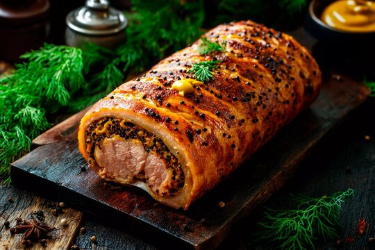 A beautifully prepared roast pork dish is showcased, featuring a generous layer of mustard and spices, topped with fresh herbs. Ideal for a festive meal or special occasion