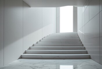 A sleek and modern white marble staircase with a minimalist design leading up to an open doorway.