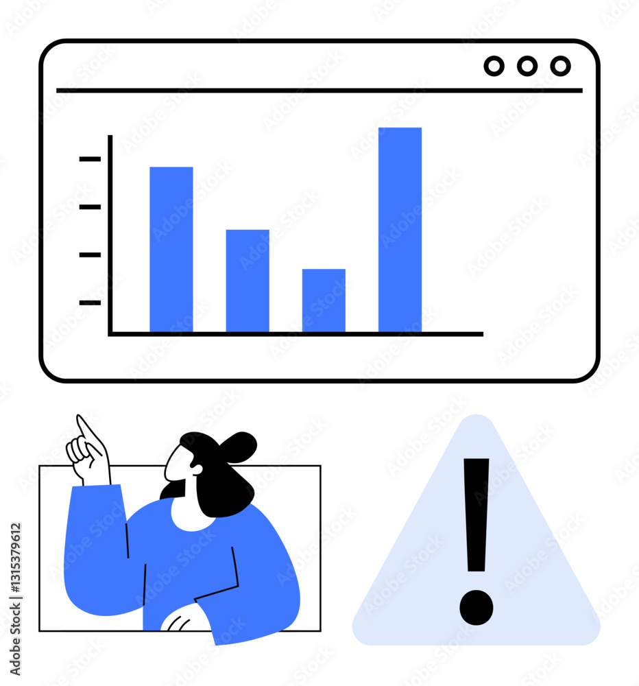 Poster bar chart with growing bars on screen, woman pointing to emphasize data analysis, triangular warning