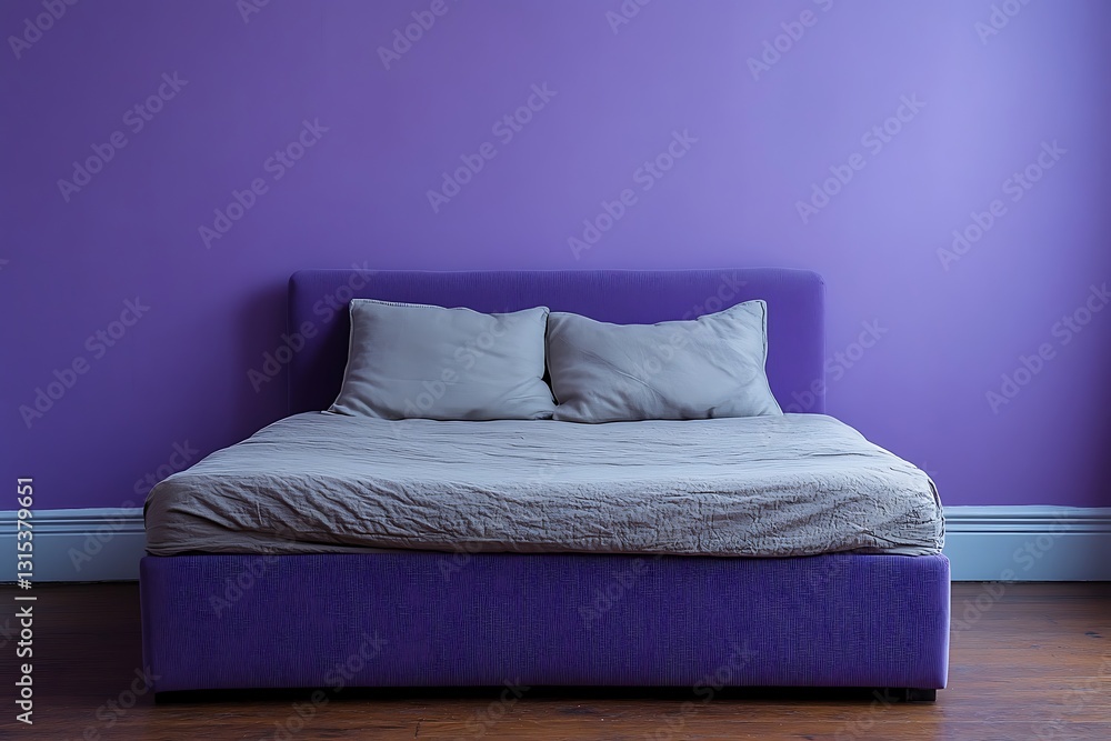 Poster a stylish modern bed frame against a muted purple background with open space on the left for text.