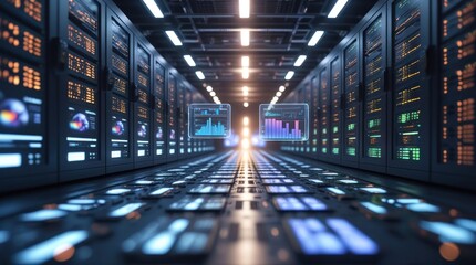 High-Tech Data Center with Floating Analytics Displays and Illuminated Servers