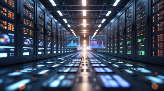 High-Tech Data Center with Floating Analytics Displays and Illuminated Servers