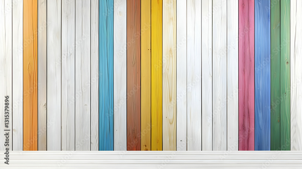 Poster colorful rustic wooden planks background with white table surface for display or presentation in a m