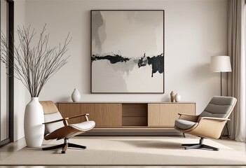 Minimalist Modern Living Room Featuring Two Swivel Chairs and a Large Abstract Painting.