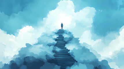 A poetic and empowering illustration of a person standing at the top of a staircase made of sweat and effort, symbolizing progress, growth, and fitness achievements. Poetic - Bridge. Illustration