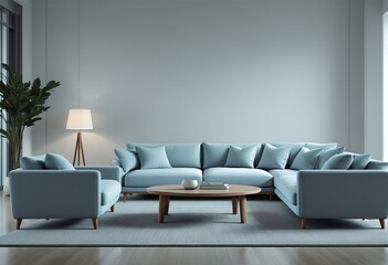 The living room features a light blue couch and chair set.