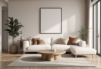A modern minimalist living room with a white couch and wooden coffee table.