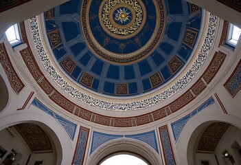 Interior of a mosque with Arabic calligraphy and geometric patterns on the ceiling.