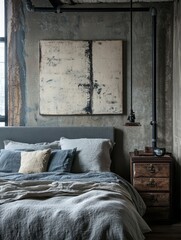 A concrete wall and artwork with a bed and pipes
