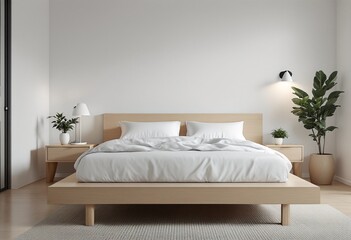 Minimalist White Bedroom with King Size Bed and Wooden Furniture.