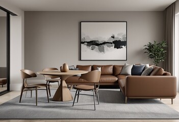 A modern living room with a brown leather couch and a wooden dining table.