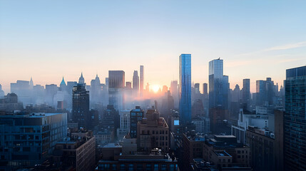 Misty Blue And Orange Sunrise Over A City Skyline