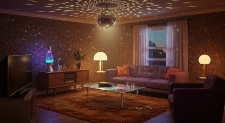 Retro Living Room with Disco Ball and Vintage Furniture Setting
