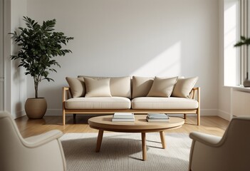 A modern minimalist living room with white walls and wooden floors, featuring a beige couch and coffee table, set against a backdrop of natural light pouring in through the window.