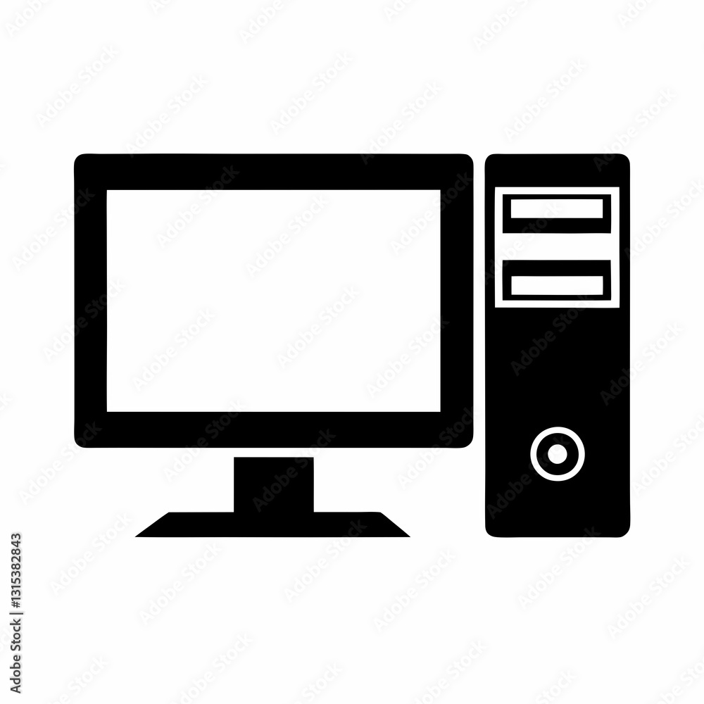 Poster minimalistic black and white computer setup icon featuring monitor and tower flat vector icon for ap