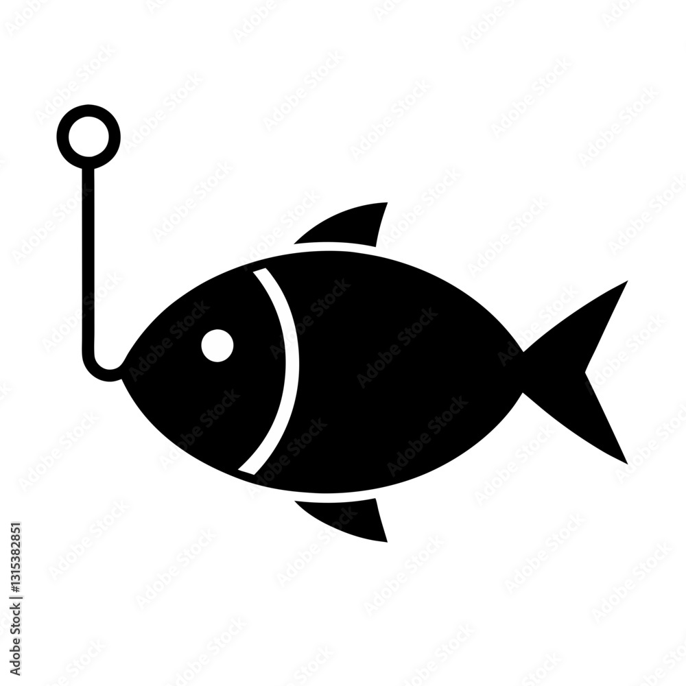 Poster minimalistic black and white fish icon with hook-like attachment flat vector icon for apps and websi