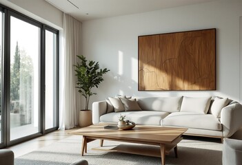 A modern living room with large windows and a minimalist aesthetic.
