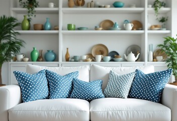 Modern Home Decor: White Couch and Blue Throw Pillows with Vases and Teapots on Shelves.