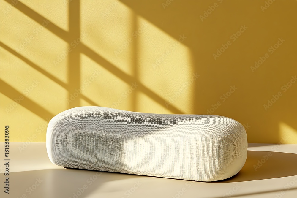 Poster a stylish modern ottoman on a pastel yellow background with space for adding product details on the 