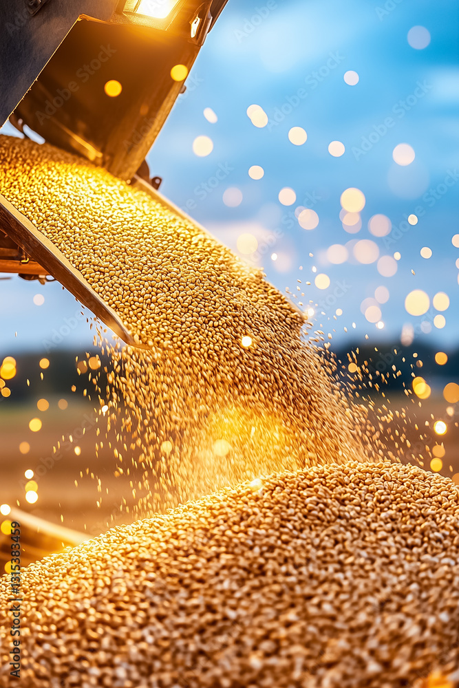 Poster grain flows seamlessly from the combine harvester into the waiting truck, shimmering in the soft glo