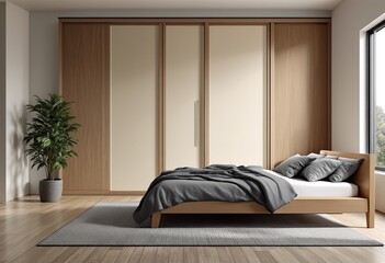 Modern bedroom interior featuring a bed with gray bedding and pillows on top of a rug, accompanied by a large wardrobe unit with sliding doors and a plant in the corner.
