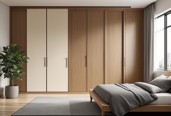 A modern bedroom with light wood floors and walls, featuring a bed with grey pillows and comforter, a large wardrobe unit with sliding doors, and a potted plant.