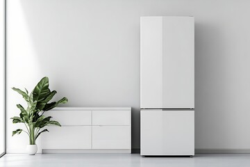 Minimalist modern fridge set against a grey background, with open space for branding or advertisement purposes.