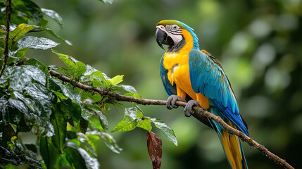 Obraz premium Vibrant blue and yellow macaw perched on a branch in the rainforest