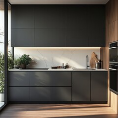 The Modern Kitchen Features a Black Kitchen and Wooden Panels