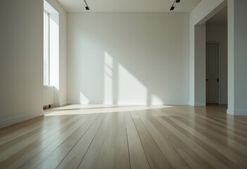 Obraz premium An empty room with white walls and wood floors.