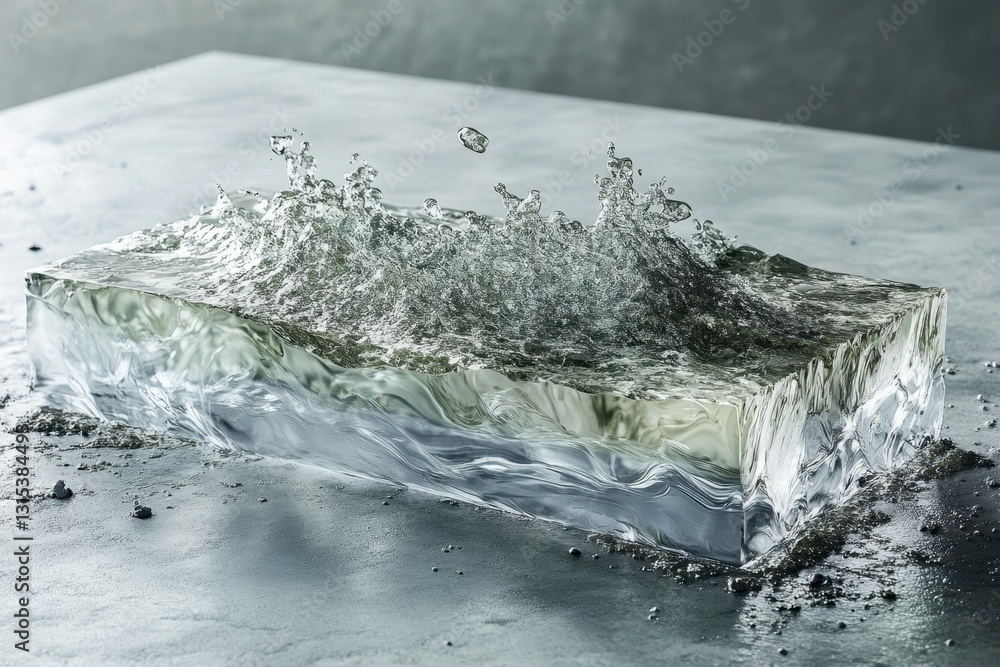Poster Water splashing from a block of ice on a textured surface at a modern studio
