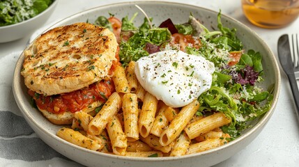 Delicious Pasta Salad with Poached Egg and Bruschetta Topping