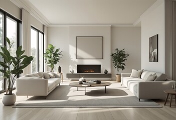 Fototapeta premium Modern minimalist living room with light wood floors and white walls.