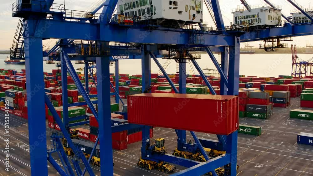 Poster aerial video of a bustling port with cranes loading colorful shipping containers. high-angle view em