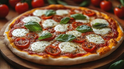 Freshly baked Margherita pizza topped with mozzarella, tomatoes, and basil