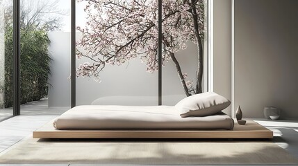 Serene Minimalist Bedroom Design with Wooden Platform Bed and Cherry Blossom View